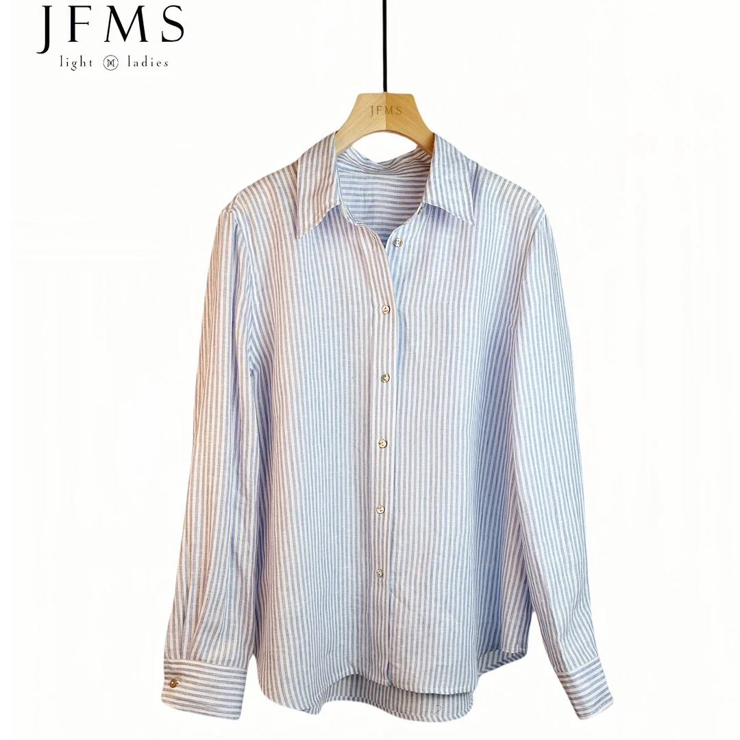 下摆弧形】色织亚麻气质纯衬衫款气质上衣长袖时尚Z773