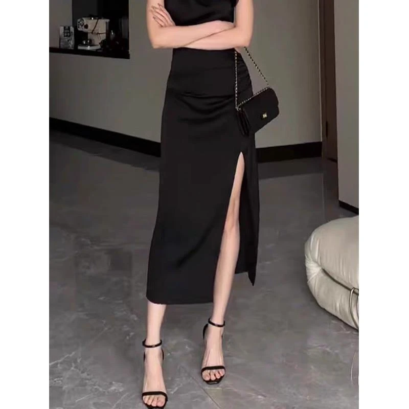 黑色醋酸缎面半身裙女夏薄款2025新款高腰显瘦开叉包臀一步裙半裙