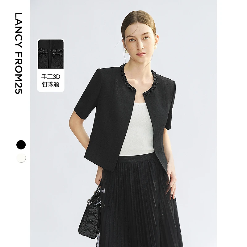 朗姿2025夏季新款法式优雅小香风短外套女镶钻圆领通勤风短袖上衣