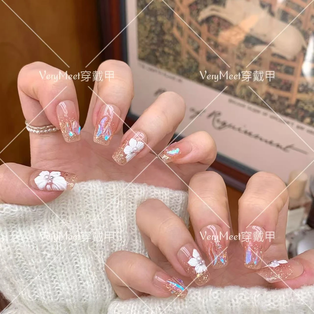 VeryMeet穿戴甲高级感爆闪极光钻手绘冰花纯欲风腮红少女美甲贴72