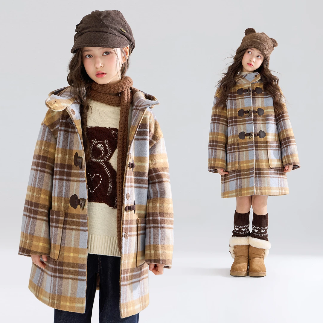 MUCMUKN 复古格纹牛角扣毛呢大衣绗棉外套女童25冬新M54XW5812