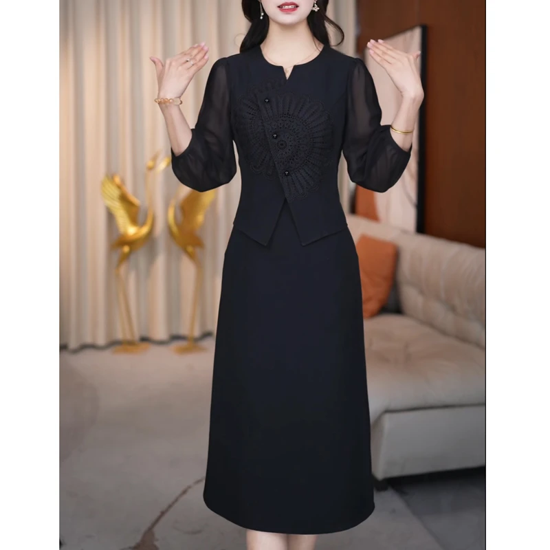 黑色气质假俩件连衣裙女2025春季新款高端精致减龄显瘦中长款裙子