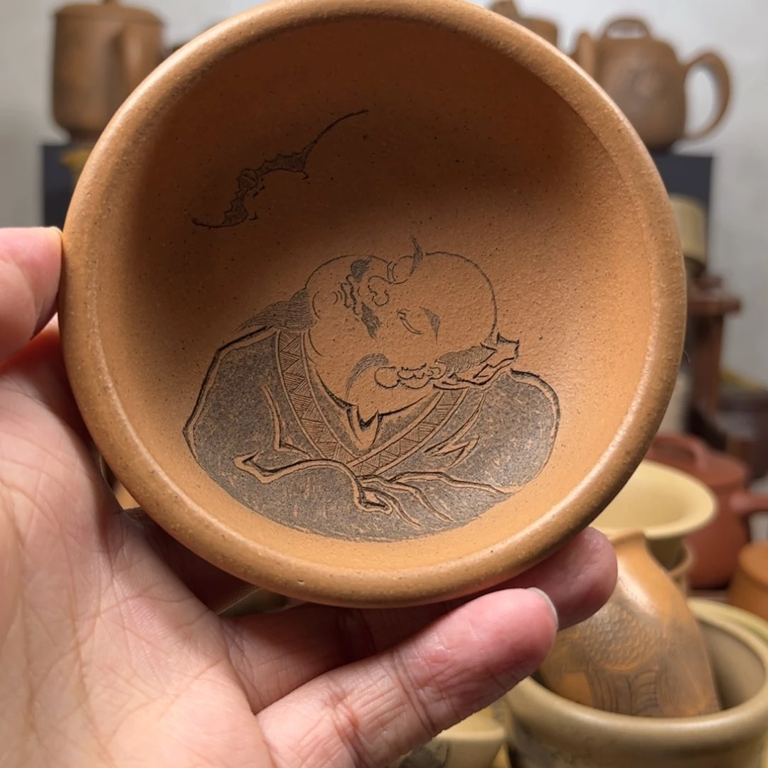 紫砂杯子长***）半日闲刻绘紫砂主人杯