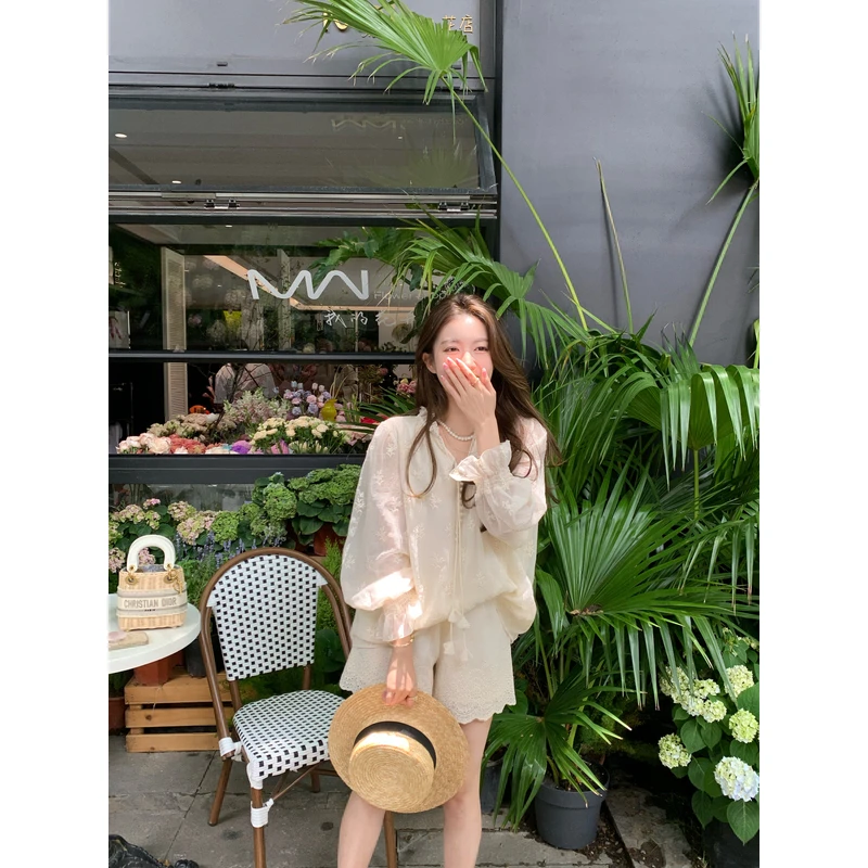萌萌Ja」手工坊系列 重工刺绣系带防晒套装女清透感法式衬衫上衣