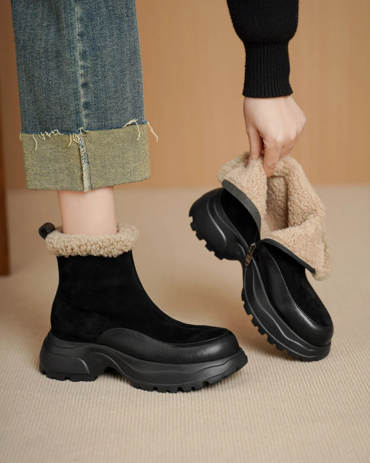 羊皮圆头保暖加厚秋冬侧拉链加绒冬季时尚雪地靴真皮百搭厚底棉靴