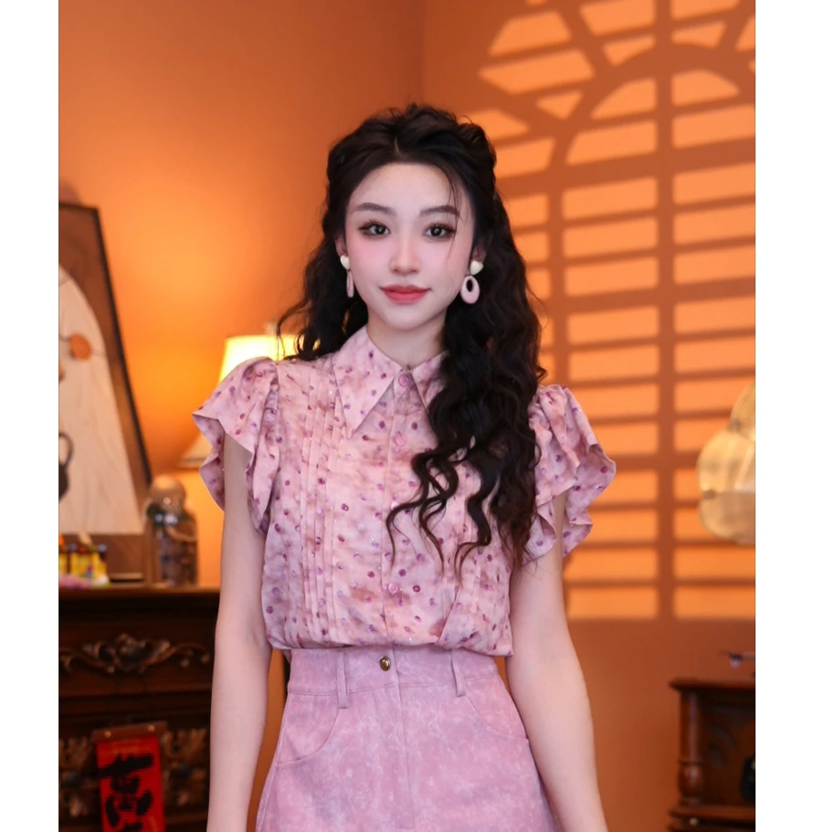 富贵【微醺纷纷】港味复古时尚气质短袖上衣02546