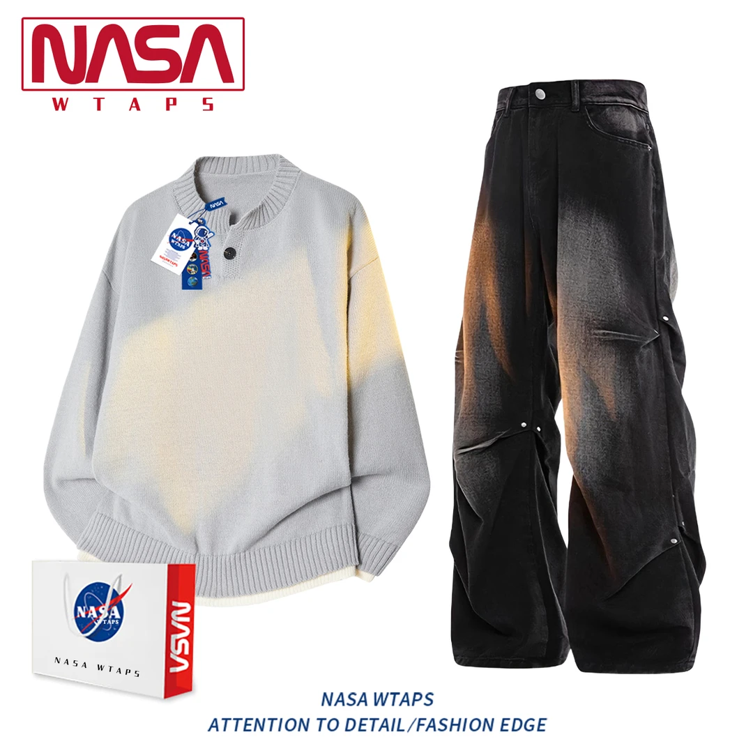 NASA WTAPS美式复古亨利领毛衣套装男款冬季宽松休闲针织衫情侣款