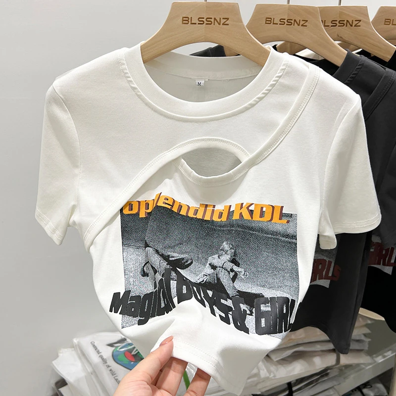 白色短袖t恤女装夏季2025新款独特别致镂空修身短款欧货半袖上衣