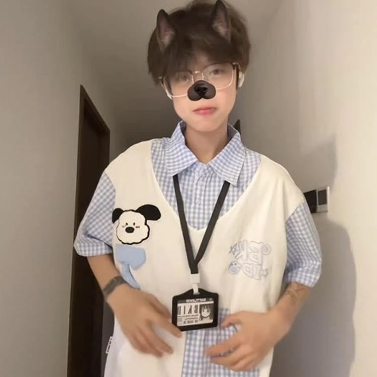 时尚复古潮牌刺绣小狗拼接格子品质短袖T恤男女简约宽松休闲上衣