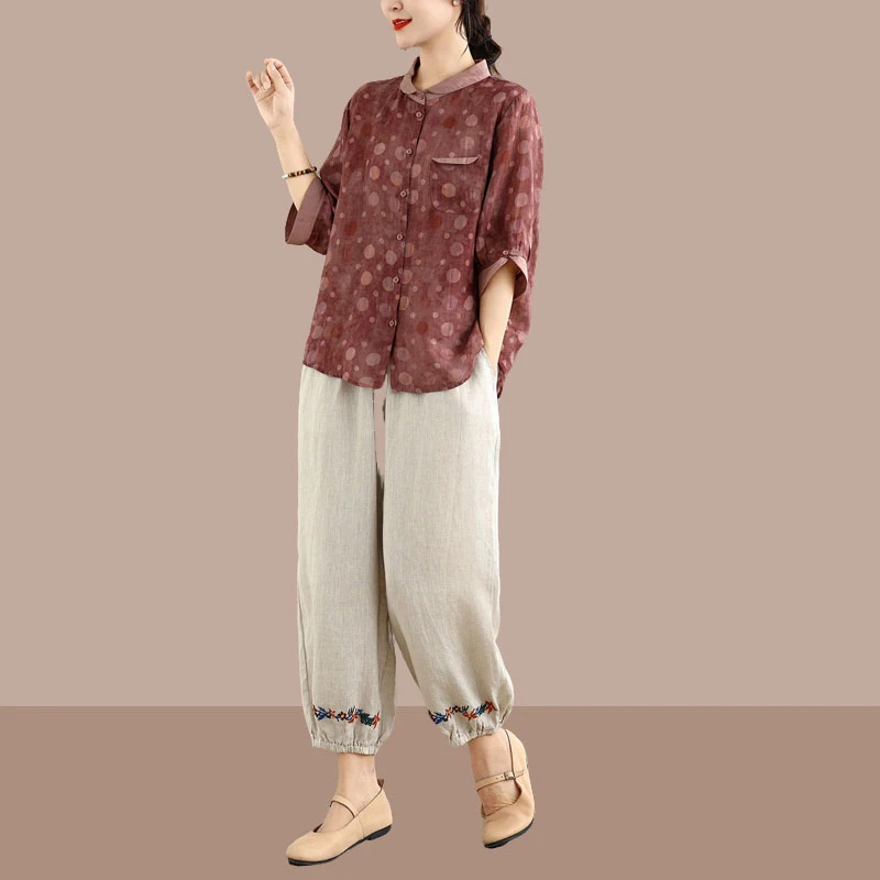 2025时尚新款韩版大码显瘦印花文艺复古两件套时髦套装妈妈装夏季