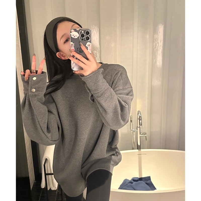 慵懒风灰色磨毛中长款T恤女装秋冬设计感圆领宽松休闲遮屁股上衣