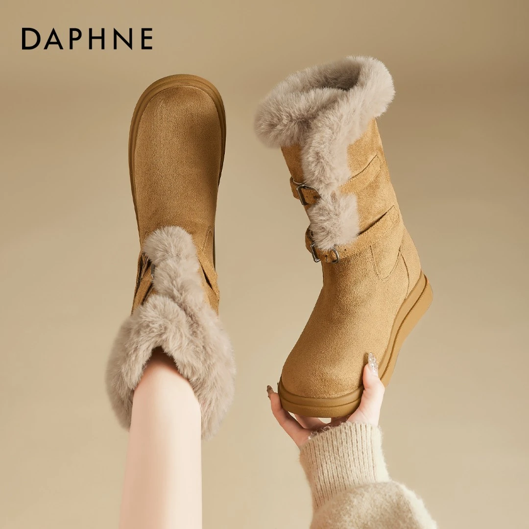 达芙妮加绒加厚雪地靴女2025新款冬季勃肯短靴厚底毛绒保暖棉鞋爆