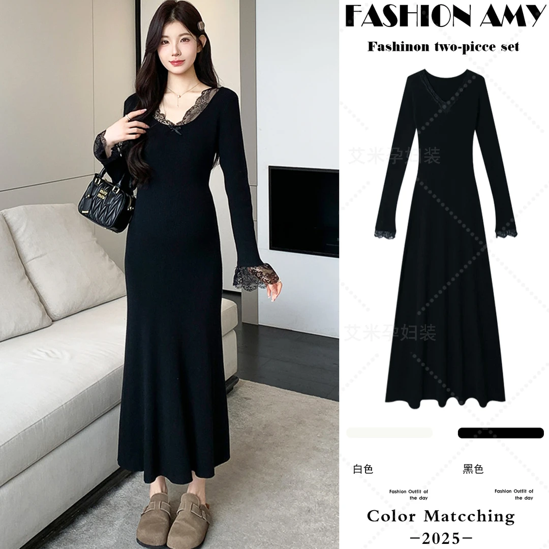 孕妇连衣裙秋冬新款时尚韩版气质高级感V领蕾丝花边显瘦内搭裙子1