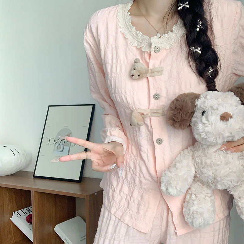 可爱小熊纽扣带胸垫长袖睡衣女款春秋季爆款云朵棉女士家居服套装
