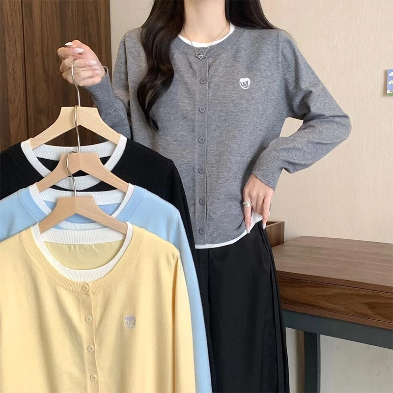 【大码】2025春新款韩系撞色假两件针织开衫毛衣百搭女时尚慵懒风女