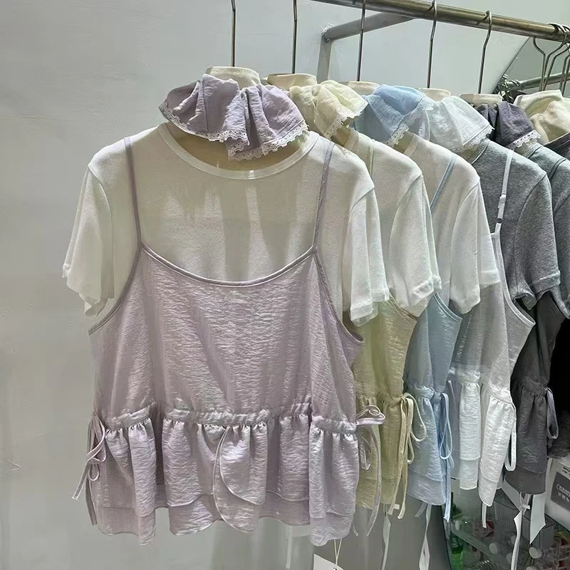 胖MM甜美显瘦薄款短袖纯色T恤+小清新吊带背心+发圈三件套6125