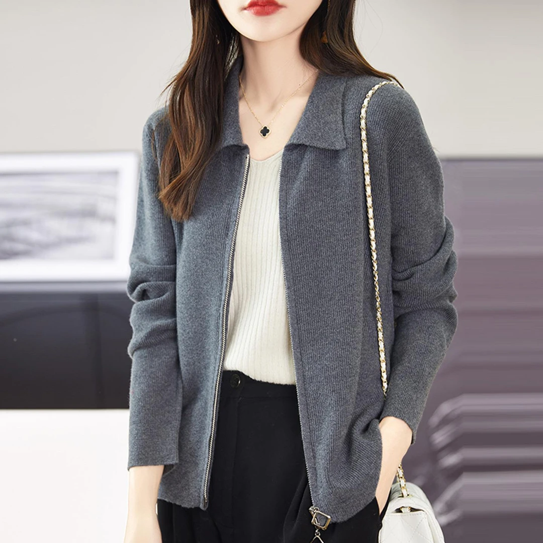 2025秋冬季新款翻领拉炼毛绒针织开衫女宽松大码外搭绒毛毛衣外套