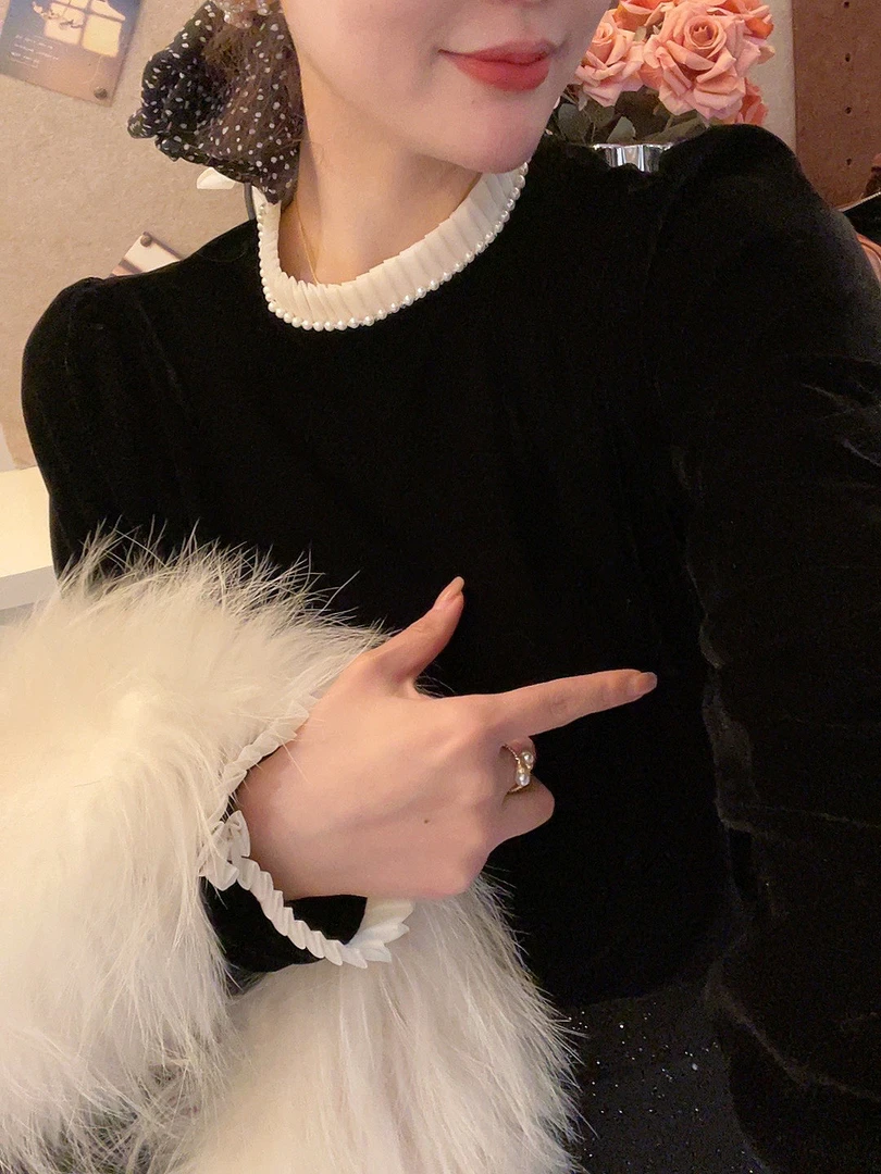 老赵服饰 木耳边串珠立领丝绒衬衫上衣 21AU3090