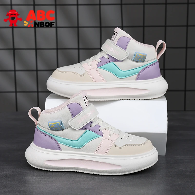 ABC NBOF女童鞋秋冬新款皮面防水高帮中大童女孩软底儿童休闲板鞋