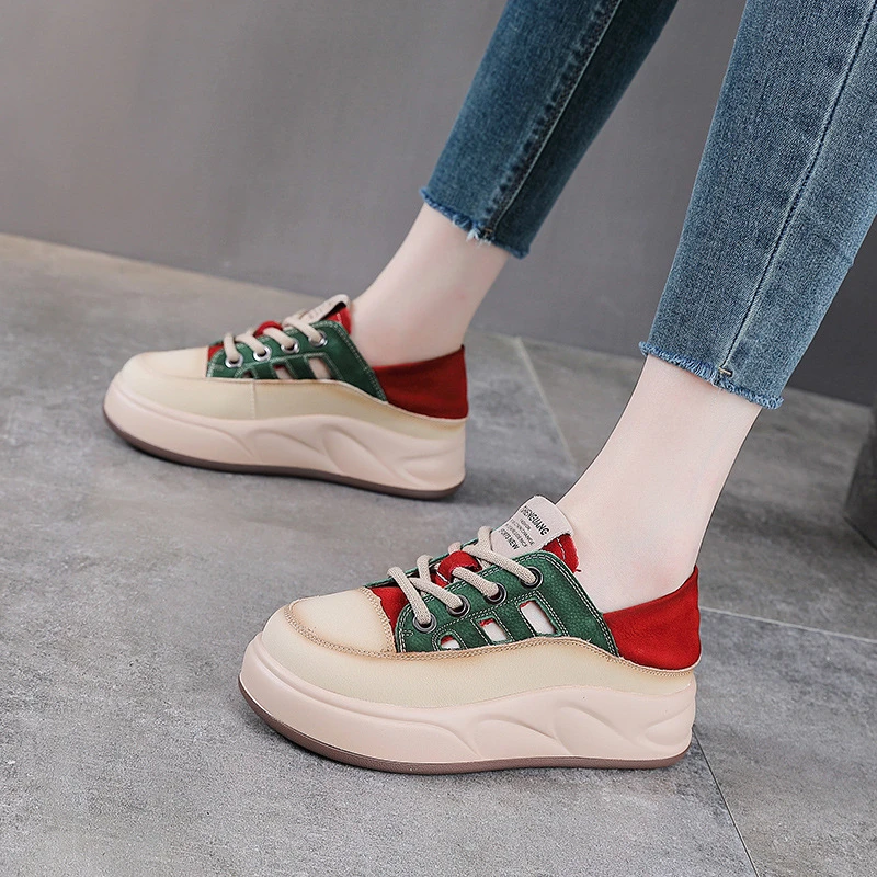 头层牛皮镂空单鞋女夏季新款透气包头系带真皮休闲拼色厚底板鞋潮