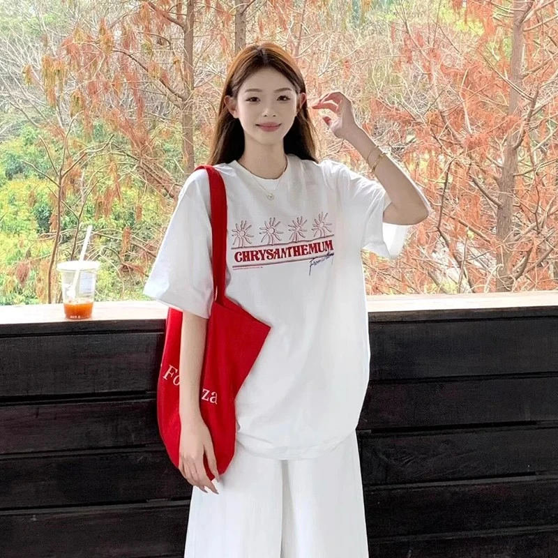 美式复古短袖t恤女夏季太阳花重磅纯棉宽松慵懒风上衣