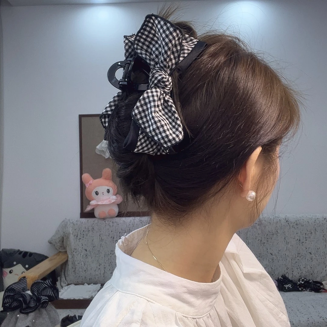 布艺非金属黑白格蝴蝶结大抓