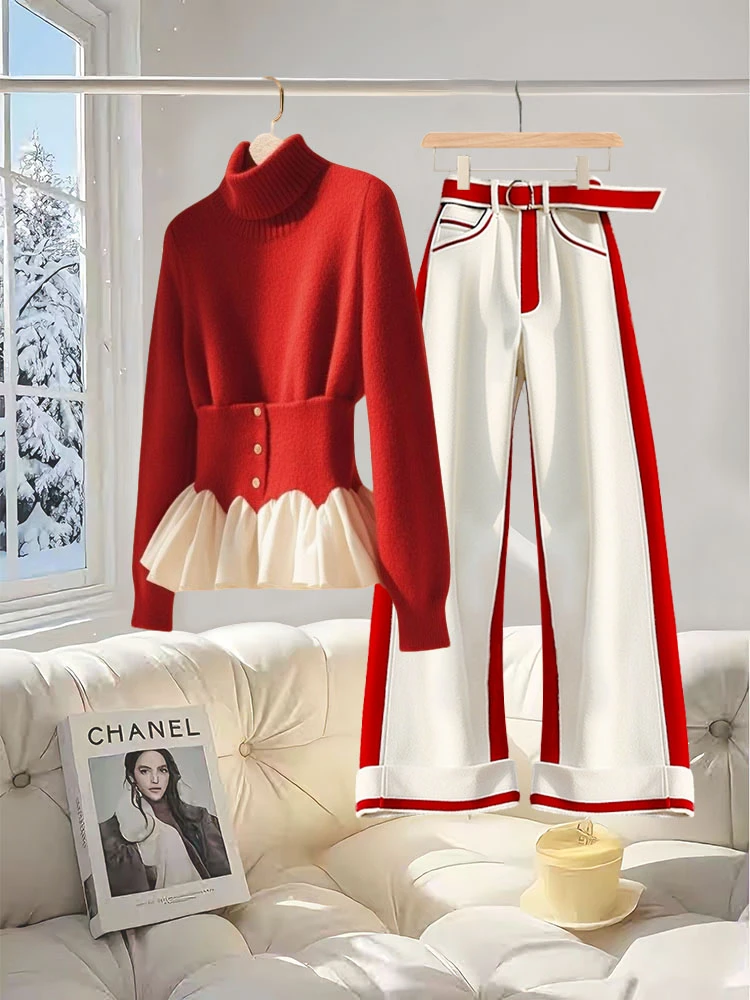 新年战袍红色收腰拼接毛衣女2024年冬季针织衫高腰阔腿裤两件套