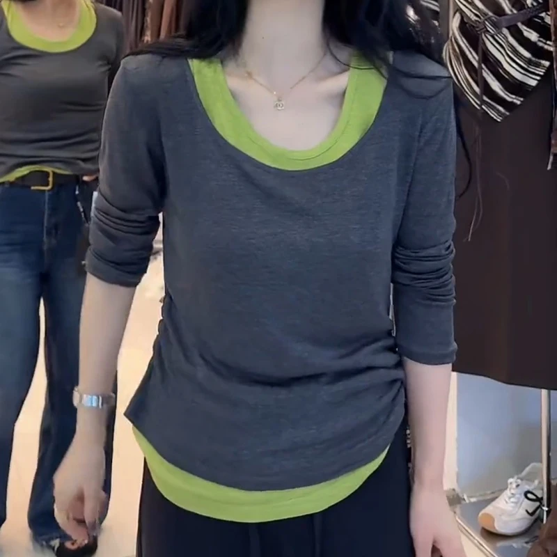韩版撞色长袖T恤女2025早秋新款修身显瘦百搭休闲上衣LK2505869