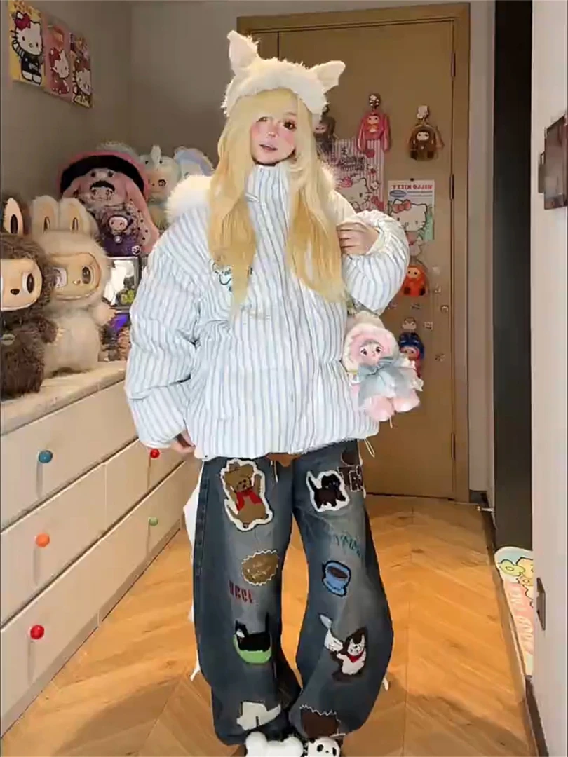 甜酷气质竖条纹撞色大毛领兔耳朵星星棉服女冬季连帽条纹保暖外套