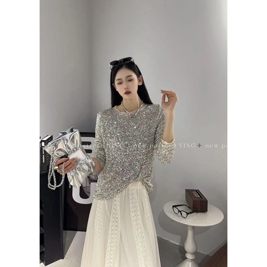 KIKI严选：393888-丽家欧洲站南油春季新款轻奢亮片圆领上衣