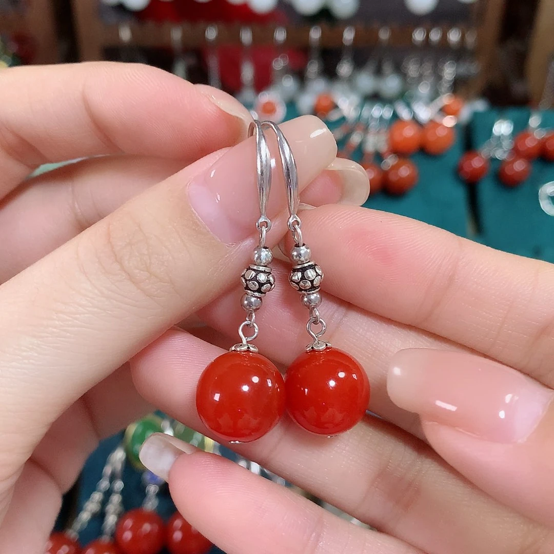 玛瑙/玉髓耳饰银S925镶嵌天然红玛瑙12mm左右（锦红）