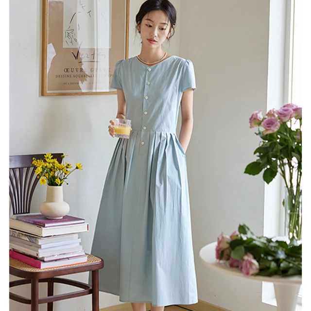 月白蓝棉质短袖气质连衣裙女夏2025法式复古系带收腰显瘦中长裙