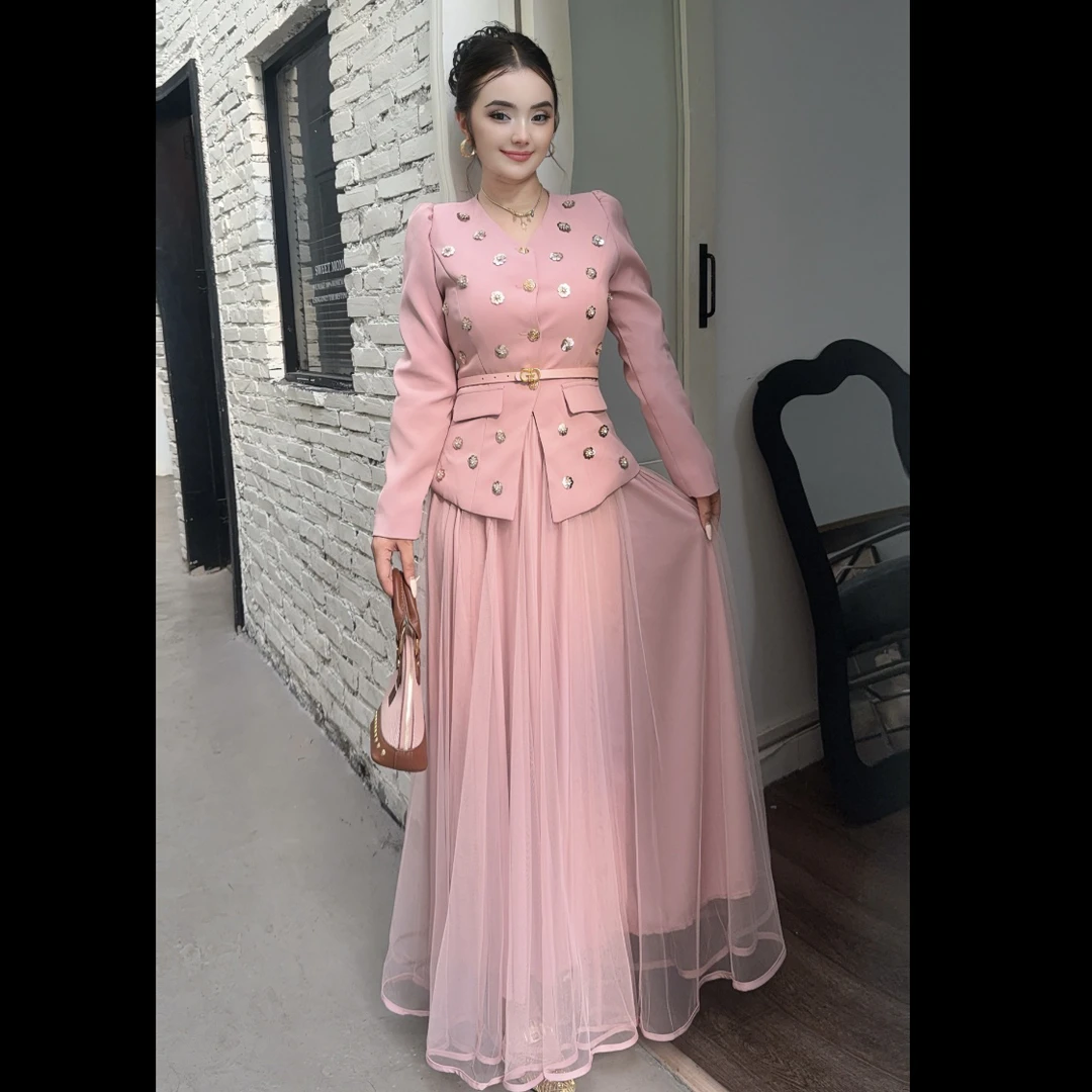 Rayhon修身显瘦重工马甲上衣搭配网纱半身裙女款套装