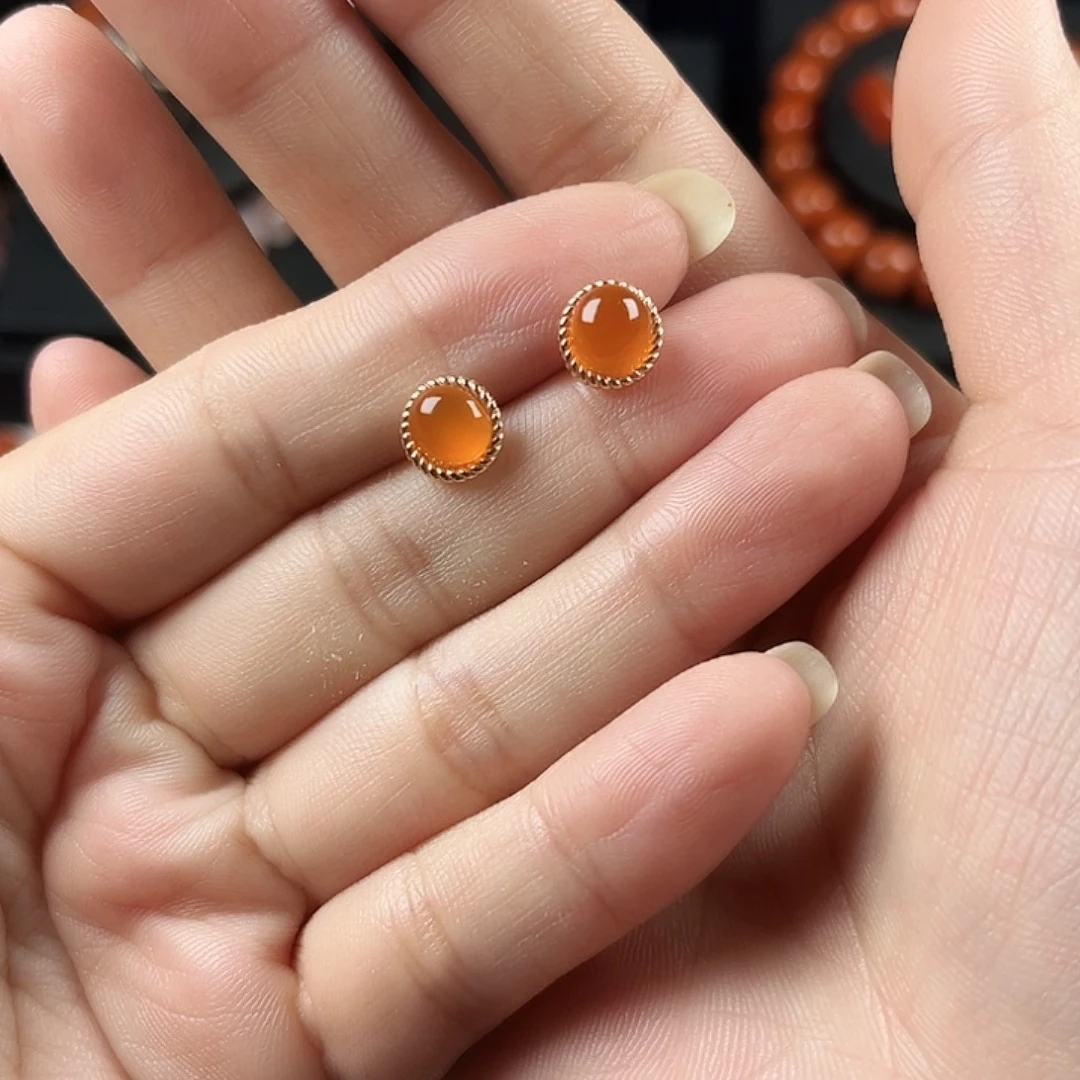 银S925镶嵌南红玛瑙珠宝奇石耳钉