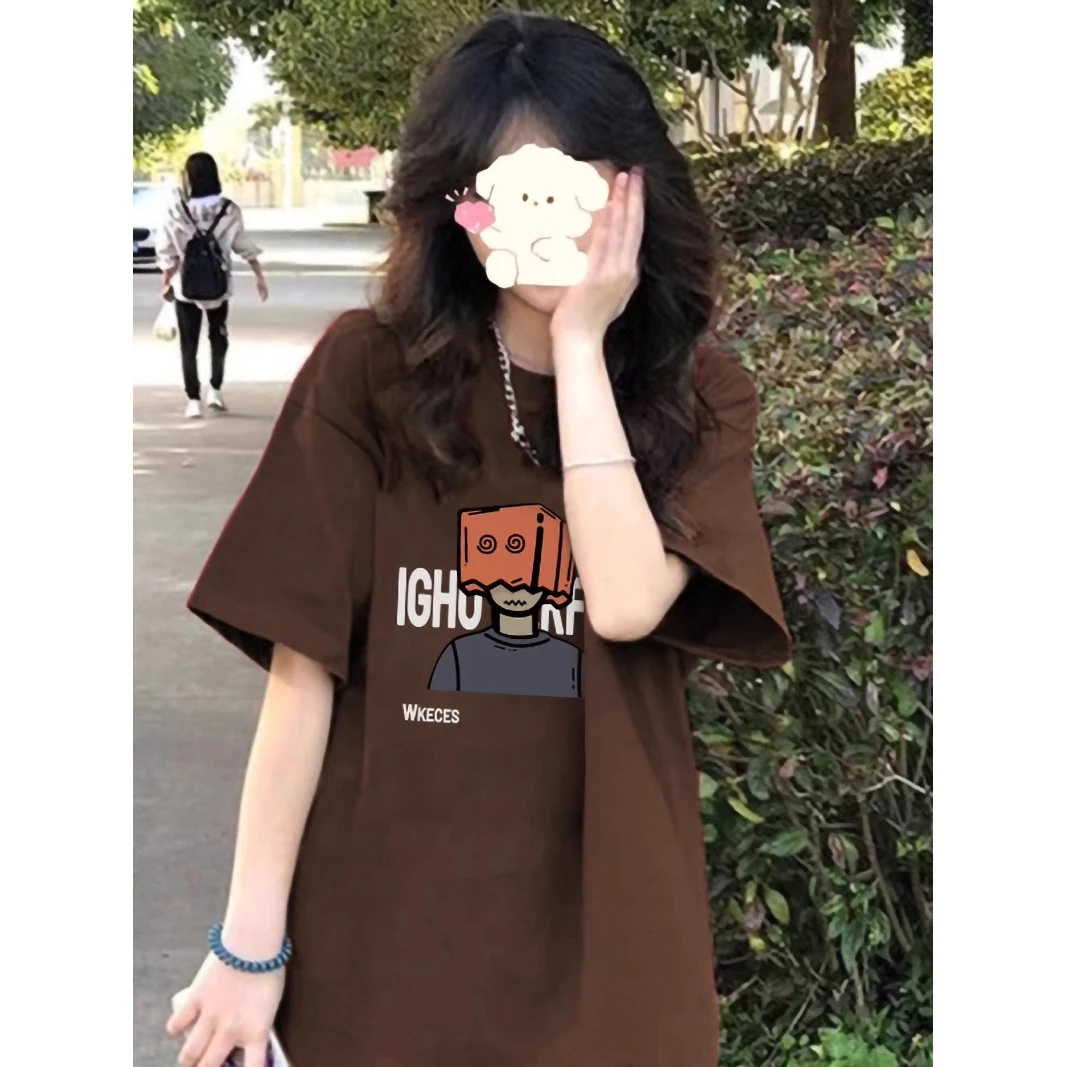 美式棕色短袖t恤女夏季2025年新款慵懒风oversize设计感半袖上衣