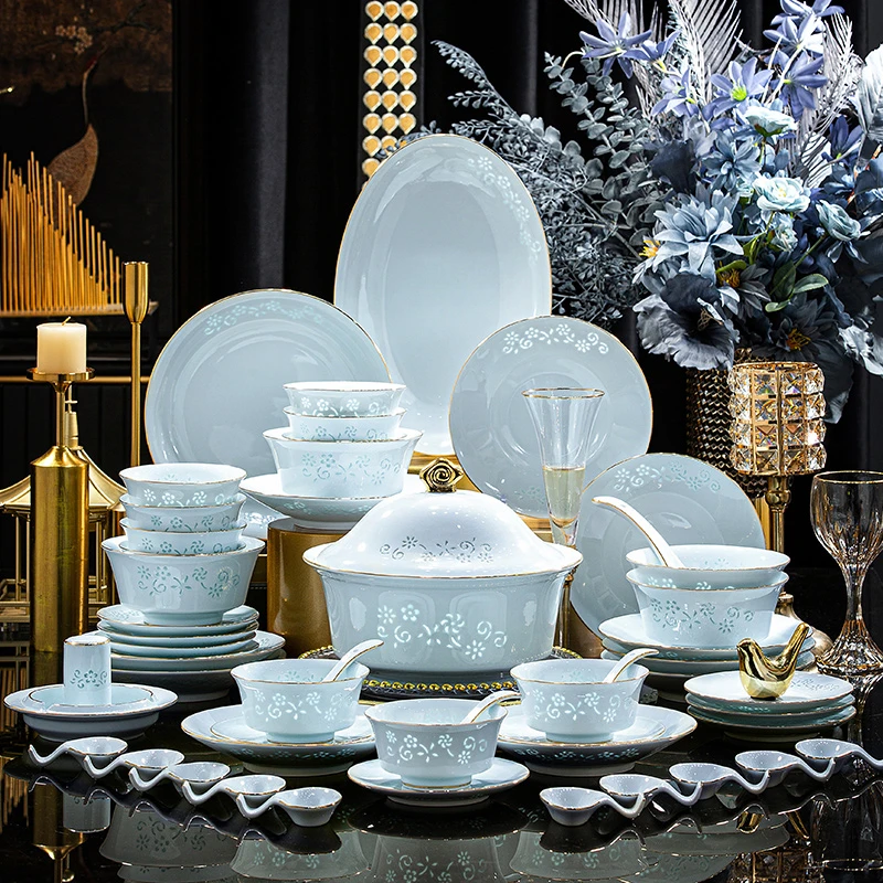 景德镇银月玲珑70件餐具描金纯色轻奢高档家用简约中式欧式