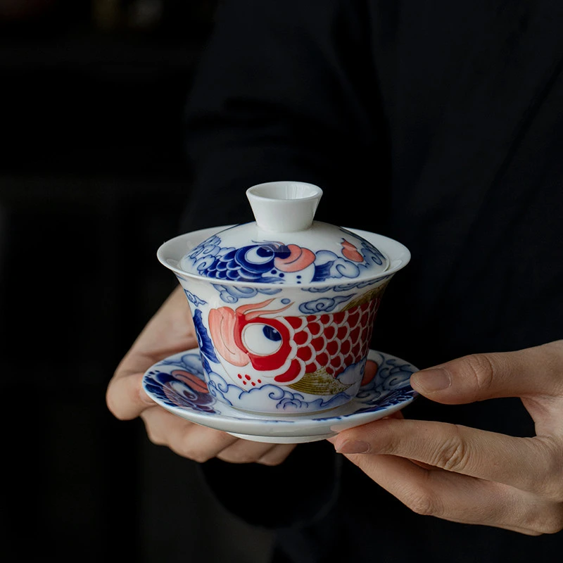 羊脂玉功夫茶具国潮龙鱼轻奢高档陶瓷茶壶盖碗茶杯家用泡茶器