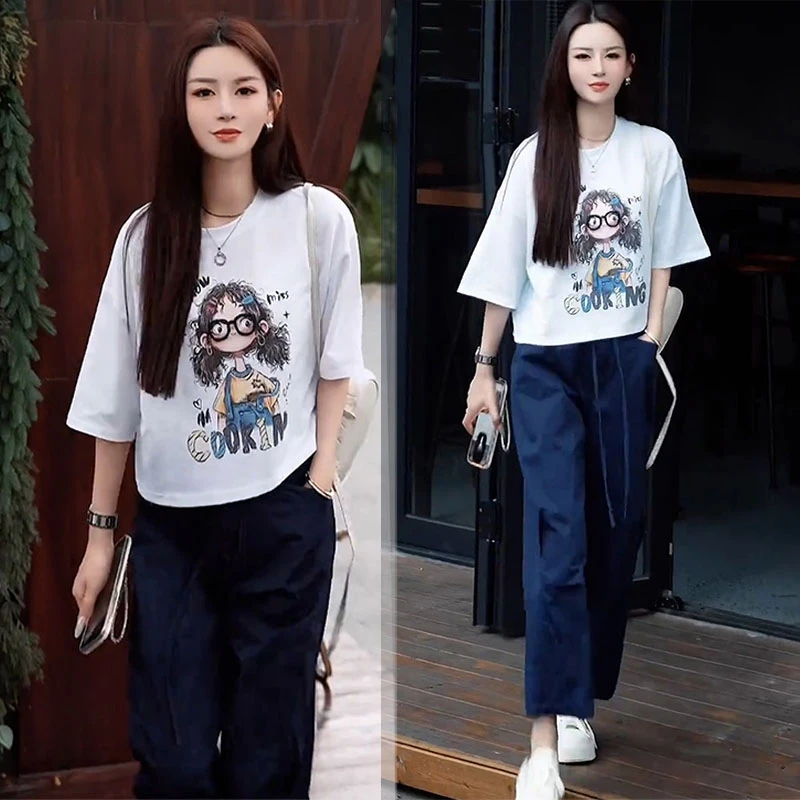 韩系休闲百搭夏装一整套宽松卡通印花短袖上衣高腰休闲裤两件套装