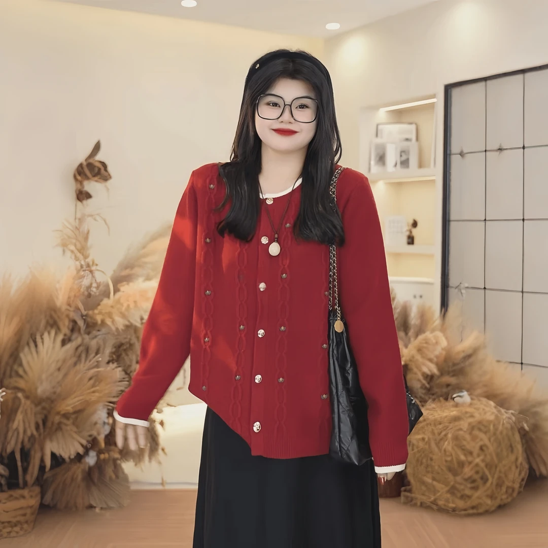 大码圣诞穿搭红色针织开衫女秋冬新款胖mm慵懒风宽松显瘦毛衣外搭