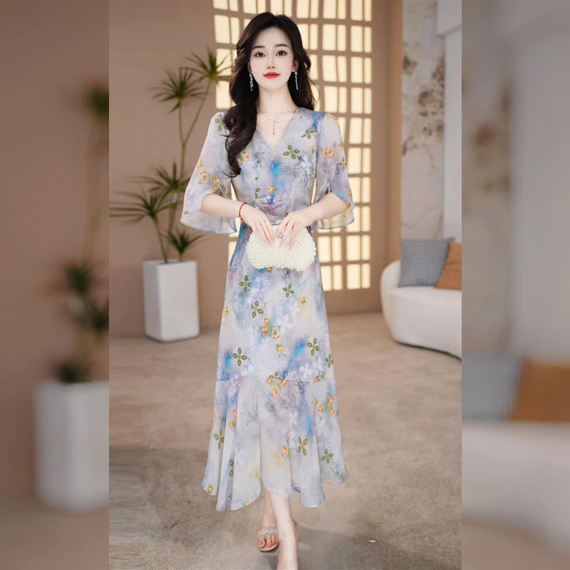 【千羽定制】洋气印花旗袍连衣裙2025年夏季气质优雅显瘦鱼尾裙子