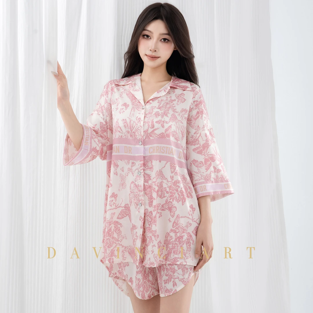 DAVINCIART字母粉蝶夏季睡衣女款爆款2025新款家居服短袖短裤套装