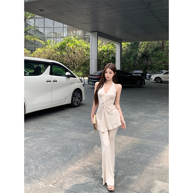 2025夏季新款纯欲风挂脖v领扭结吊带背心女+高腰休闲长裤时尚套装