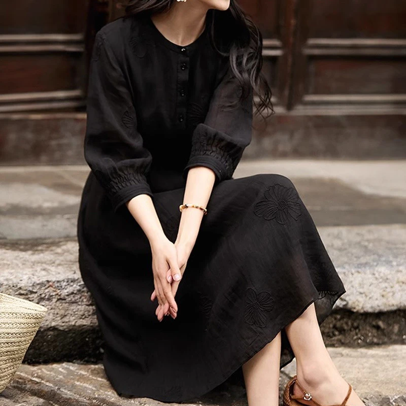 质感苎麻莱赛尔流光小黑裙 高级感连衣裙七分袖中长款黑色裙子女
