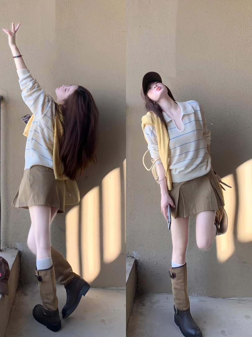 早秋新款条纹长袖通勤风针织毛针织衫宽松洋气上衣百搭修身短裙