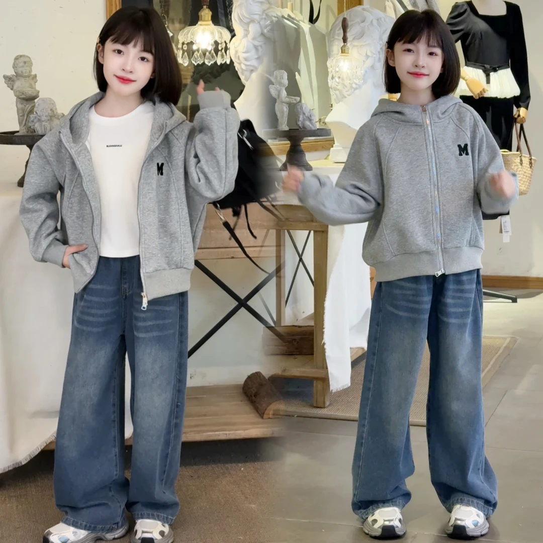 女童常规拉链衫春季连帽圆领普通外套休闲女童童装春秋