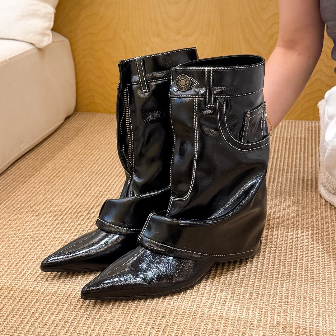 elingstudio 辣妹！牛仔尖头高跟裤管靴女秋季2025新款堆堆牛仔靴