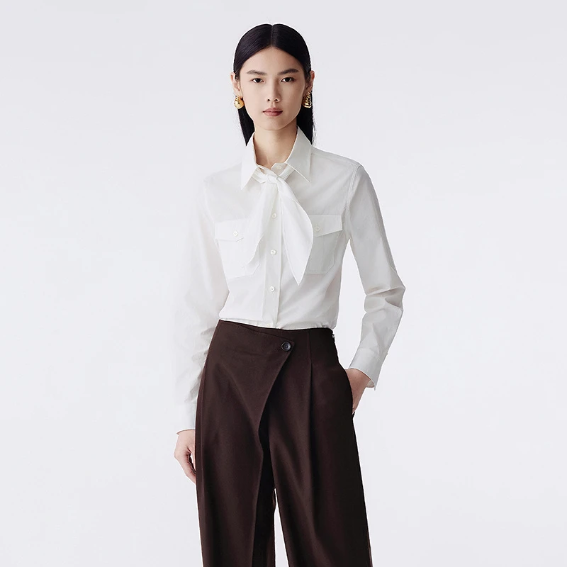 LANCY/朗姿2025年冬新款法式气质领结格子衬衫女通勤职业上衣