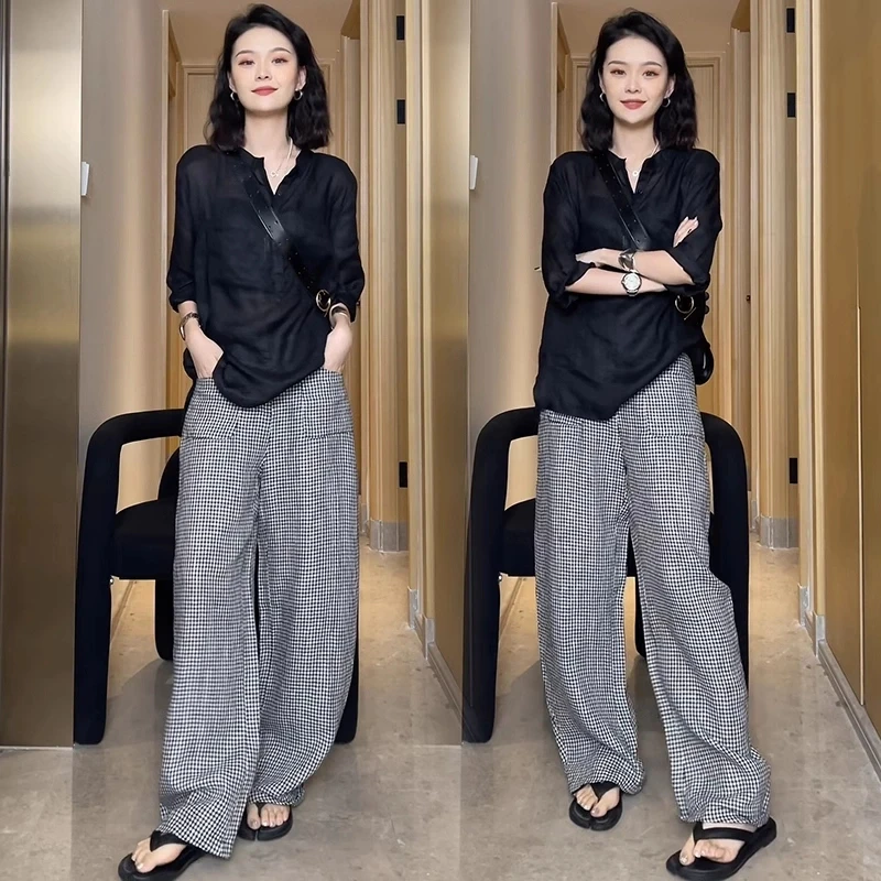 时尚套装女2025夏季新款洋气一整套雪纺衬衫格纹女生韩系ins衣服