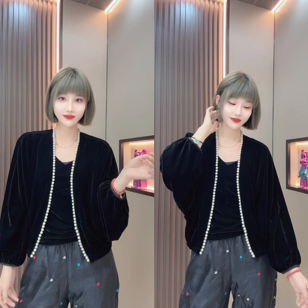 敏宝儿➕8821珍珠丝绒短外套开衫新中式风轻熟风