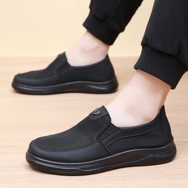 夏季老北京布鞋男网鞋防滑透气一脚蹬爸爸鞋中老年黑色网面工作鞋
